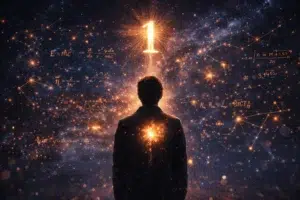 Silhouette de dos face à un chiffre 1 lumineux dans un ciel étoilé rempli de formules mathématiques et de constellations