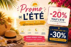 Affiche promotionnelle estivale mettant en avant une réduction de 20 % tout l’été et 30 % chaque week-end sur une sélection de prestations de voyance, dans un décor de bord de mer ensoleillé.