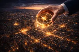 Main tenant une boussole lumineuse au-dessus d’une ville illuminée de nuit vue du ciel