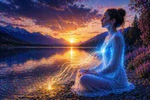 Femme en méditation au bord d’un lac au coucher du soleil, entourée d’une énergie lumineuse bleue et dorée