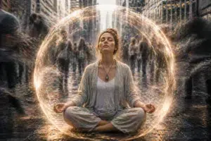 Femme méditant au milieu d’une rue animée, entourée d’une sphère lumineuse protectrice.