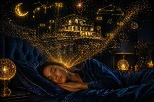 Femme endormie tandis que des schémas lumineux et une maison se projettent au-dessus de sa tête, symbolisant les rêves et la manifestation.