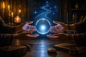 Des mains entourent une boule de cristal lumineuse flottante, dans une ambiance mystique éclairée à la bougie.