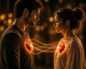 Un homme et une femme face à face avec leurs cœurs lumineux reliés par des filaments d’énergie dorée