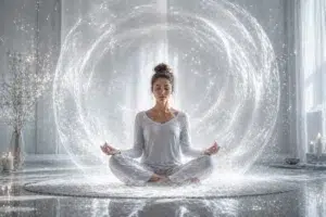 Femme méditant en position du lotus entourée d’une sphère lumineuse blanche dans une pièce apaisante.