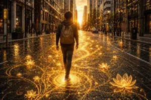 Personne marchant dans une rue urbaine au coucher du soleil, laissant derrière elle un chemin lumineux doré avec des motifs floraux.