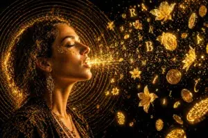 Femme de profil soufflant des lettres et des symboles dorés qui se transforment en lumière, fleurs et pièces dans une ambiance mystique.