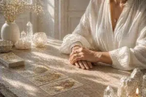 Mains posées sur une table en bois avec des cartes de tarot, baignées d’une lumière dorée douce et naturelle.