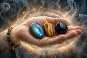 Main tenant trois pierres naturelles – labradorite, œil de tigre et obsidienne – entourées d’une aura lumineuse.