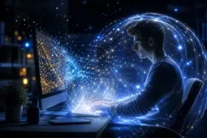 Homme travaillant sur ordinateur entouré d’une sphère lumineuse bleue symbolisant la cybersécurité et la protection des données.