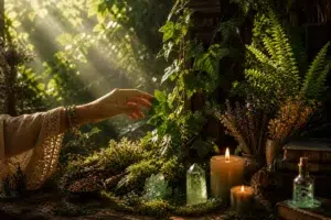 Main féminine effleurant des feuilles de lierre dans un espace spirituel naturel éclairé par des bougies et des rayons de soleil.