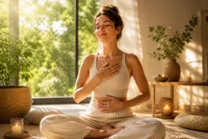 Femme assise en méditation, mains posées sur le cœur et le ventre, dans un intérieur lumineux avec plantes et bougies.