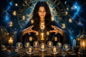 Femme manipulant des sphères lumineuses avec des chiffres dorés, entourée de symboles astrologiques et d’un fond cosmique.