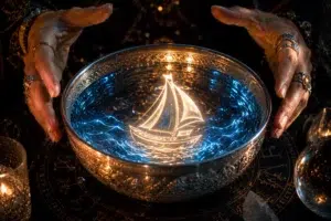 Mains entourant un bol d’eau argenté dans lequel apparaît un voilier lumineux, dans une ambiance mystique et ésotérique.