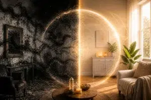 Intérieur de maison divisé entre une zone sombre et une zone lumineuse, séparées par une sphère d’énergie dorée.
