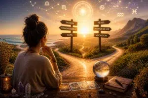 Personne contemplant un chemin qui se divise avec des panneaux indiquant passion, rêves et mission de vie, sous un ciel avec symboles astrologiques.