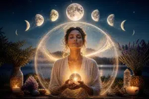 Femme méditant en tenant une sphère lumineuse, entourée d’un halo énergétique, avec les phases de la Lune au-dessus d’un paysage nocturne.