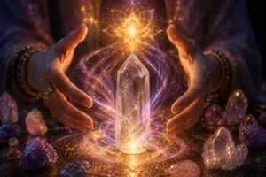 Cristal de roche lumineux entouré de mains diffusant une énergie violette et dorée, avec une fleur de vie lumineuse et plusieurs cristaux symbolisant l'intuition, la lithothérapie et l'éveil spirituel.