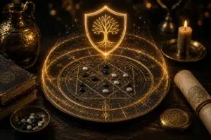 Cercle géomantique avec pierres de divination, bouclier lumineux contenant un arbre de vie, livres anciens et bougie représentant la protection spirituelle et la géomancie.