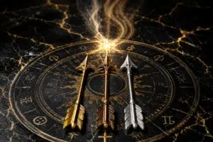 Consultation de bélomancie avec flèches sacrées sur un cadran astrologique pour l'orientation de carrière.