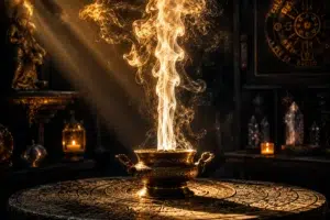Brasier doré diffusant une colonne de fumée lumineuse dans une pièce ésotérique décorée de symboles mystiques et de cristaux.