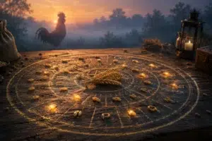 Table en bois gravée d’un cercle divinatoire avec des grains de blé lumineux au lever du soleil, tandis qu’un coq apparaît dans la brume en arrière-plan.