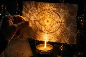 Main tenant un parchemin illuminé de géométrie sacrée au-dessus d’une bougie, dans une ambiance ésotérique et spirituelle.