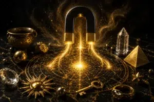 Aimant diffusant une énergie dorée au-dessus d'un cercle ésotérique entouré de cristaux et de symboles spirituels représentant le magnétisme, l'attraction et les énergies positives.